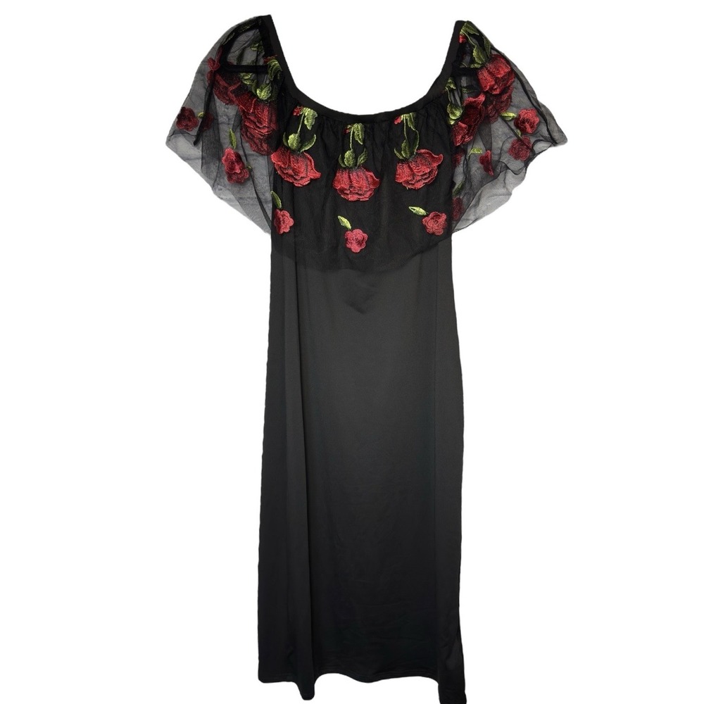 off-the-shoulder black maxi dress sheer‎ overlay red embroidered rose